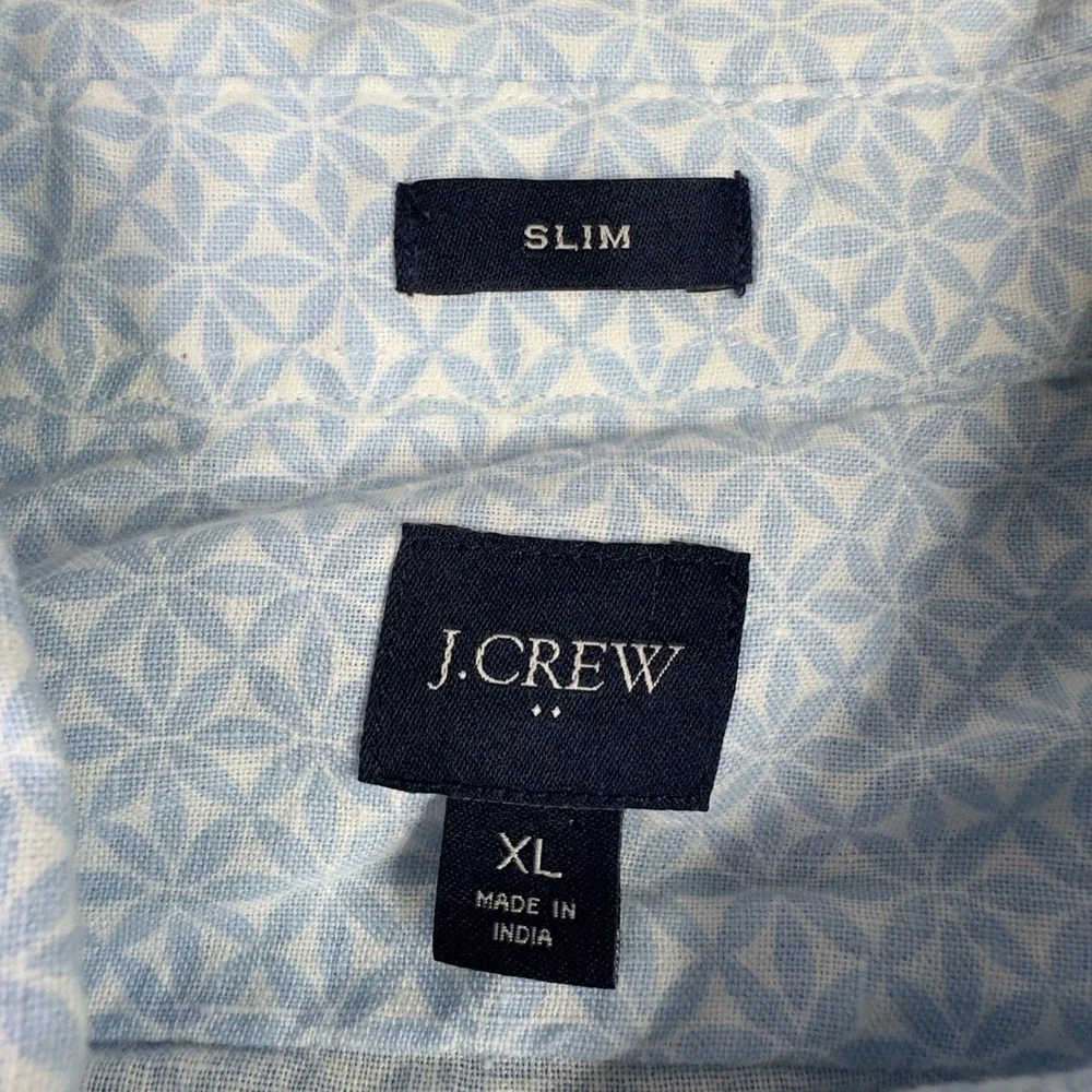 J.Crew Shirt Men XL Blue Linen Blend Geometric Short Sleeve Beach Coastal Preppy